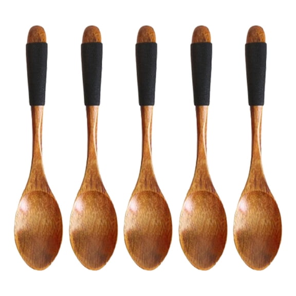 5pcs Wood Spoon Dessert Spoon Children Mini Spoon Portable Tableware for Home Restaurant (Black Twine Line 14cm)