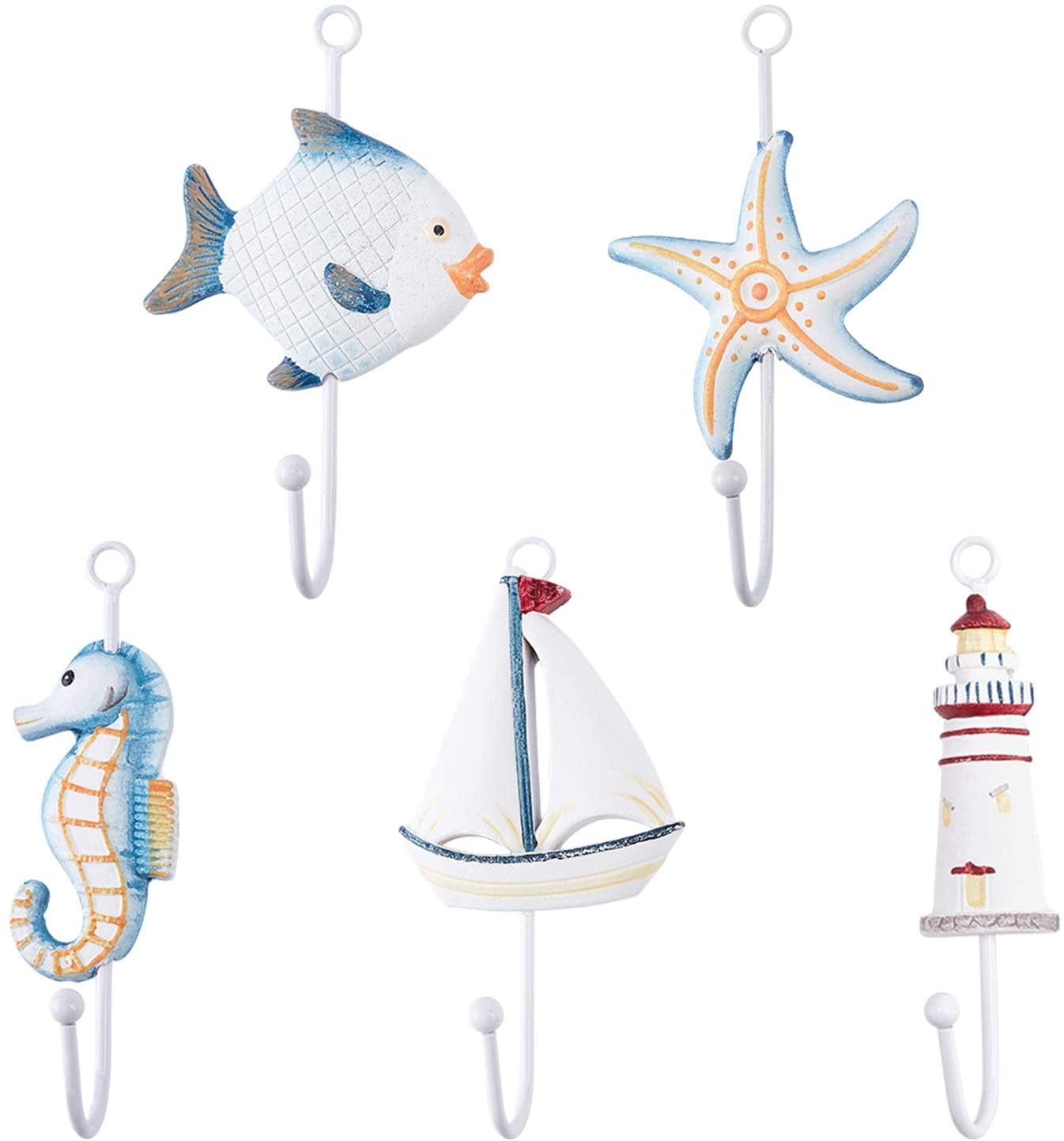 5pcs Wooden Mediterranean Style Wall Hooks Sea Horse Fish Starfish ...