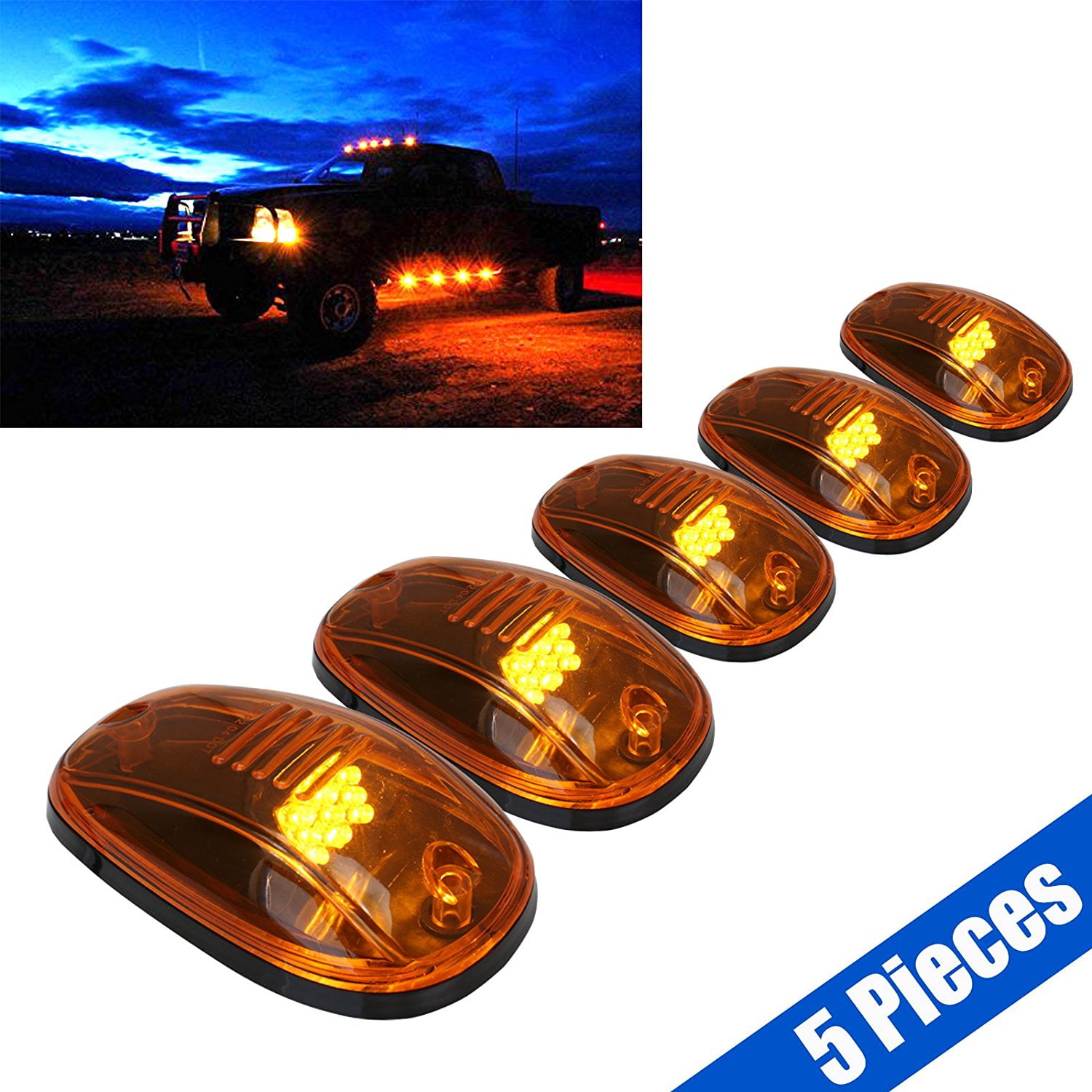 5pcs Yellow LED Roof Top Truck SUV Cab Marker Running Clearance Lights Set  Kit, image size:1500x1500