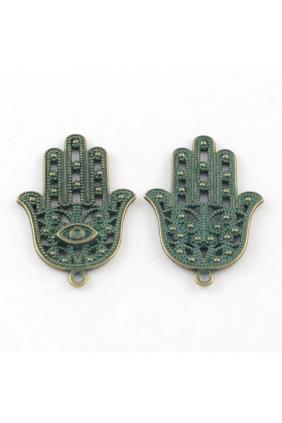 5pcs Zinc Alloy Hamsa Hand/Hand of Fatima/Hand of Miriam with Eye Pendants Cadmium Free & Nickel Free & Lead Free Antique Bronze & Green Patina 42x28x2.5mm Hole: 2mm