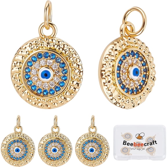 5pcs/box Evil Eye Charms 18K golden Plated Brass Flat Round with Blue Cubic Zirconia Turkish Evil Eye Pendants Jewelry Making Findings for DIY Bracelet Necklace