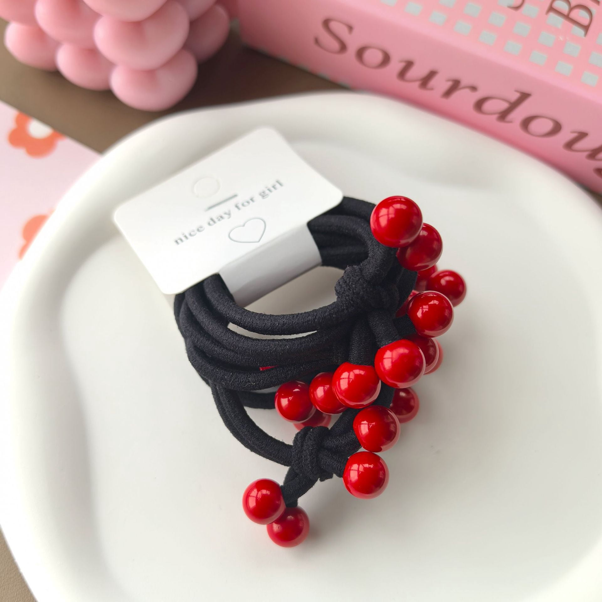 5pcs hair band festive big red four beads head rope knot elastic band thick hair ring student simple elastic band head rope