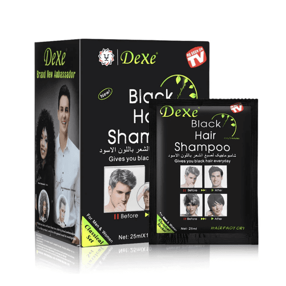 Dexe Black Hair Shampoo 10 Satchets Hair Dye for Men & Women Instant Fast Black Gray Hair Cover 3 in 1 White Become Black, Instant 5-Min