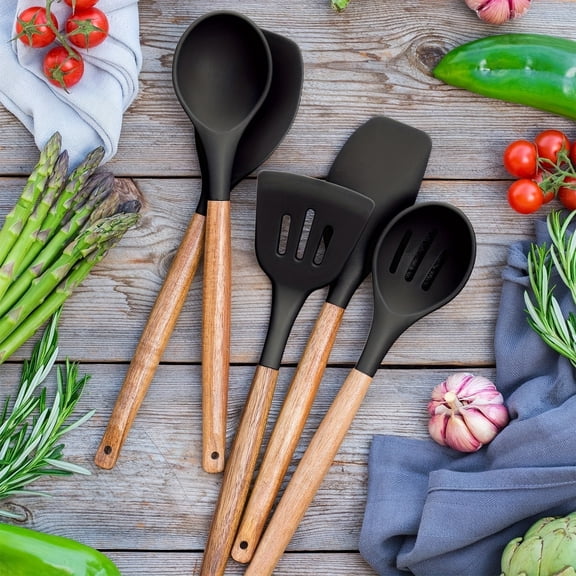 5pcs/set,Christmas & Holiday Non-stick Silicone Kitchen Utensils Set Heat Resistant Cooking Baking Utensils Set With Wooden Handle,  BPA Free,Kitchen Accessories, Kitchen Supplies, Ready For School