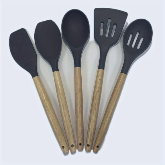 5pcs/set,Christmas & Holiday Non-stick Silicone Kitchen Utensils Set Heat Resistant Cooking Baking Utensils Set With Wooden Handle,  BPA Free,Kitchen Accessories, Kitchen Supplies, Ready For School