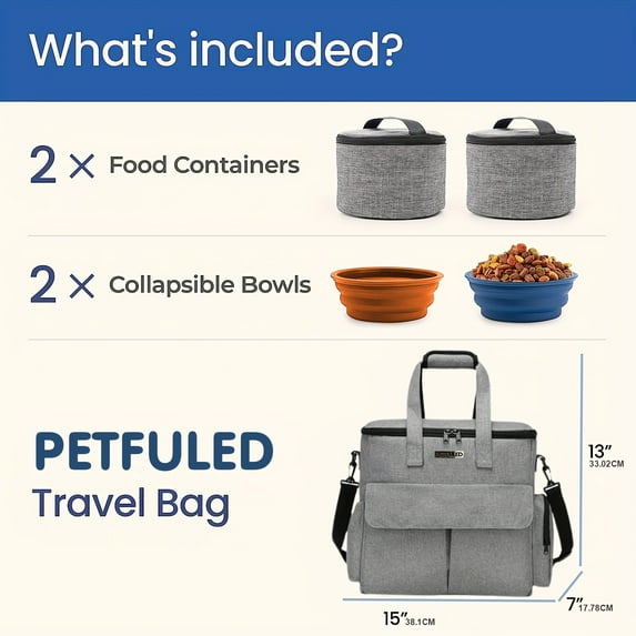 5pcs/set Dog Travel Bag For Supplies, Weekend Pet Travel Set For Dog And Cat, Airline Approved Tote Organizer With Multi-Function Pockets 2 Pet Food Containers And 2 Collapsible Silicone Bowls (Grey)