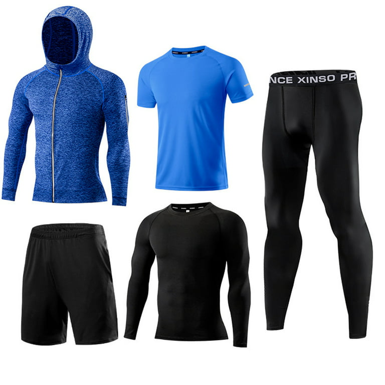 5pcs/set Fashionable tight Men Gym Wear Fitness Sports Training Basketball  Football Practise Shirts Coat Pants Set blue XL