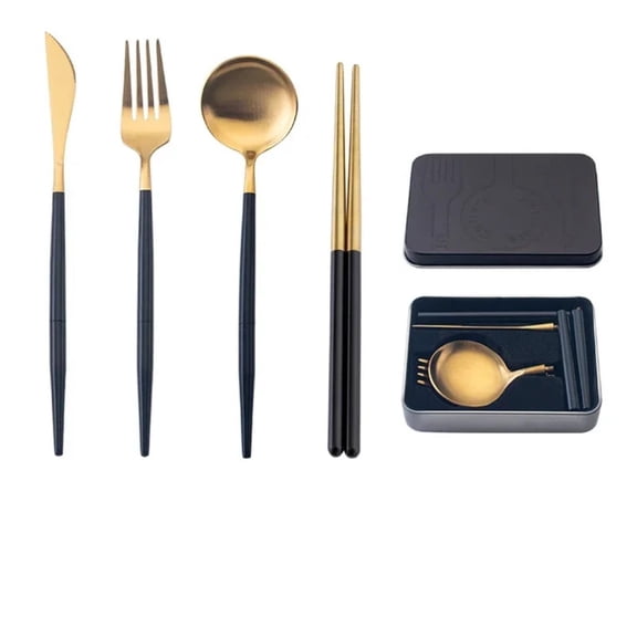 5pcs/set Portable gold Flatware Set Assembled stainless steel Knife Fork Dinner Spoon Chopstick Metal Outdoor picnic Cutlery Set