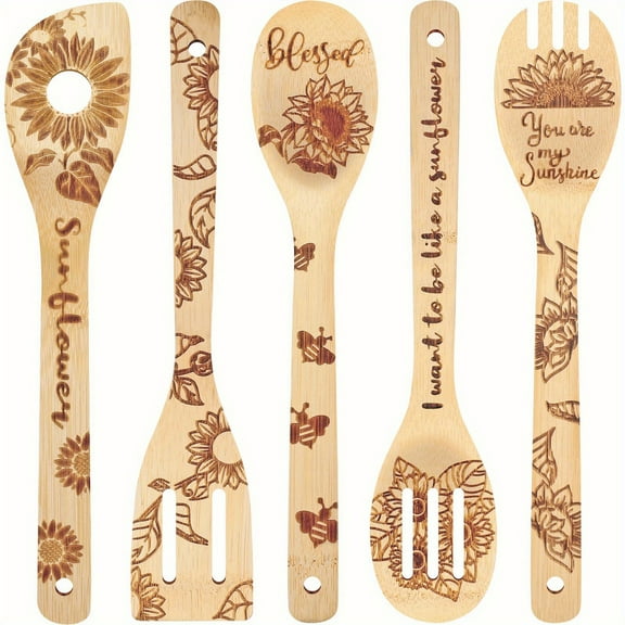 5pcs/set, Sunflower Bamboo Kitchen Utensils Set, Halloween Decorative Wooden Cooking Tools Set, For Cooking, Gifting, Decorating, Non-stick Kitchen Spoons And Spatulas, Kitchen Supplies