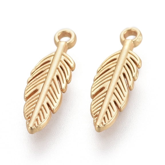 5pcs style Alloy Feather Lead Free & Nickel Free & Cadmium Free golden Matte golden color 15x5x1.5mm Hole: 1mm