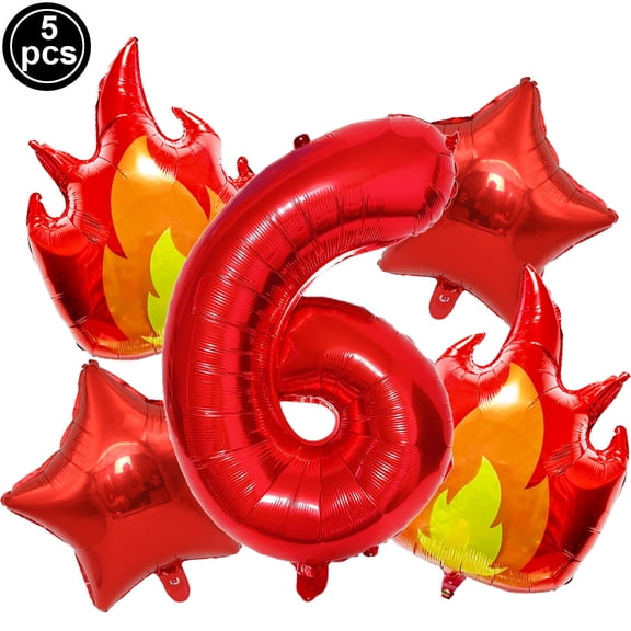 5pcsFire Number 6 File Foil Balloon Set Decoration Fire Engine Flame Boy Firefighter Theme Birthday Party Supplies