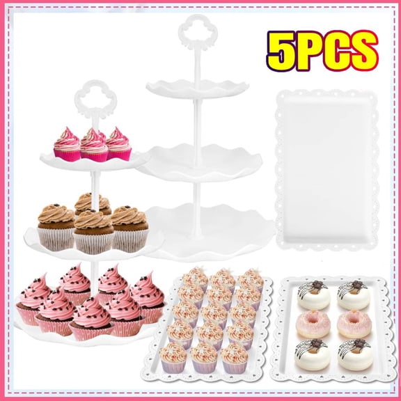 5piece Cake Stand Set Cake Stand White Plastic Dessert Table Display Set With 2 Large 3-tier Cupcake Stands 3 Appetizer Trays Perfect For Wedding Birthday Tea Party