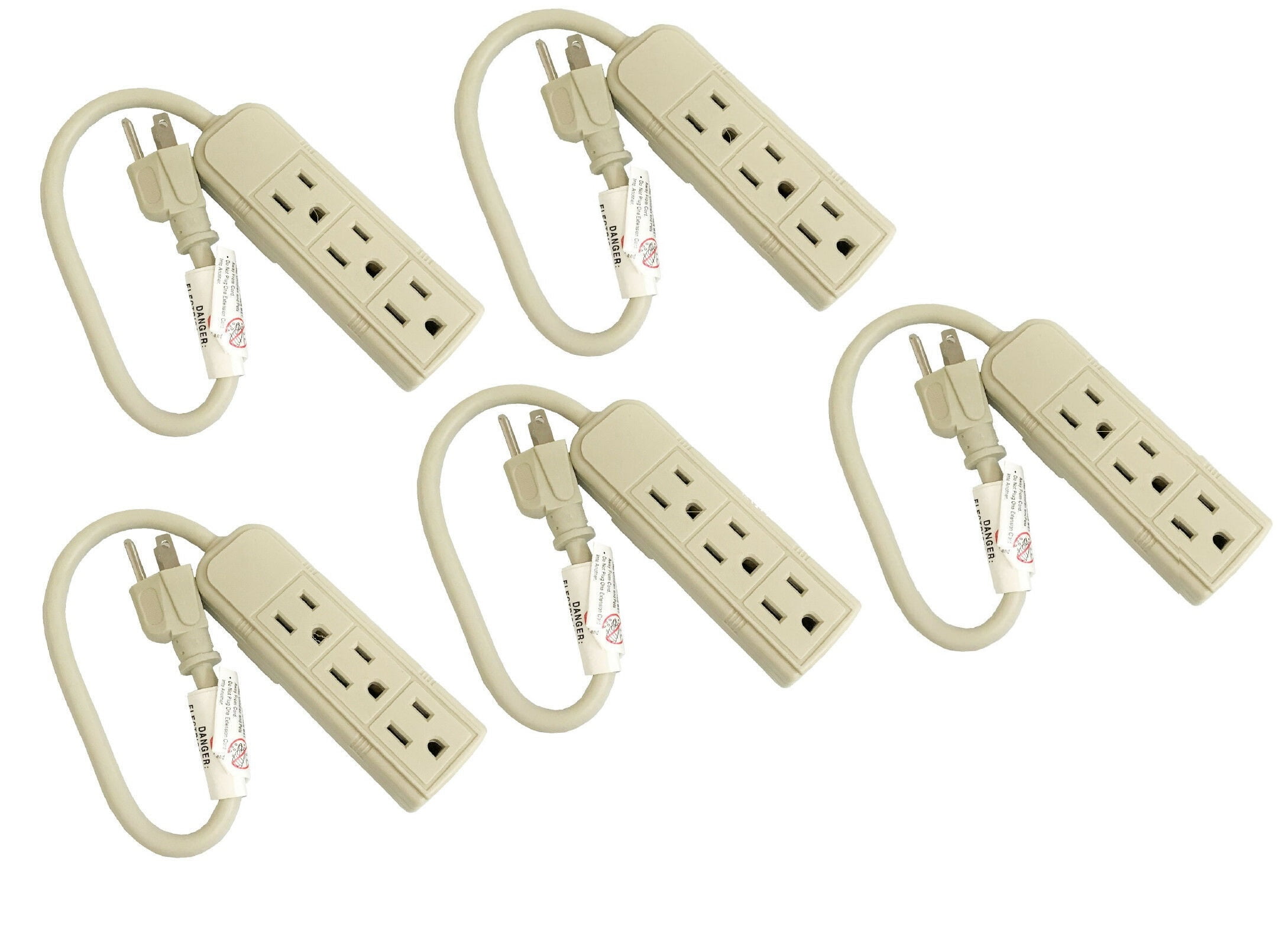 5pk 1ft 13A / 120V / 1625W Grounded 3 Outlet Power Strip US Plug AC Wall Power Cord ETL Listed