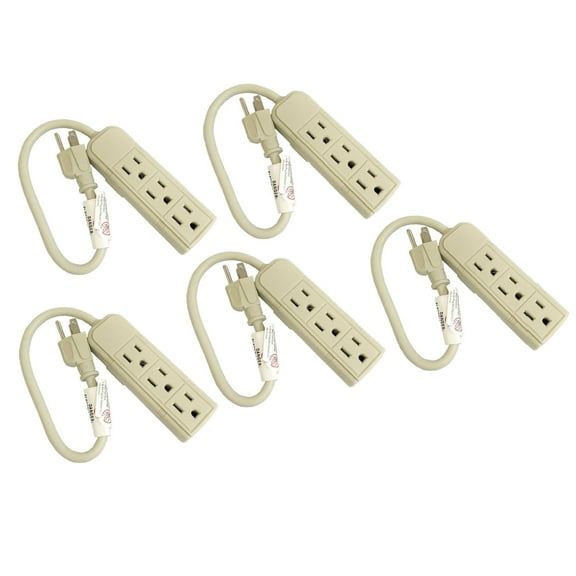 5pk 1ft 13A / 120V / 1625W Grounded 3 Outlet Power Strip US Plug AC Wall Power Cord ETL Listed