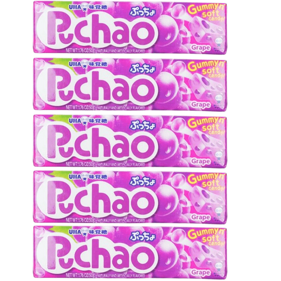 5pk Puchao Grape Chewy Candy, 1.76 oz Each, Japanese Soft Gummy Candy with Gummy Bits, UHA Mikakuto Imported Fruit Candy, Total 8.8 oz