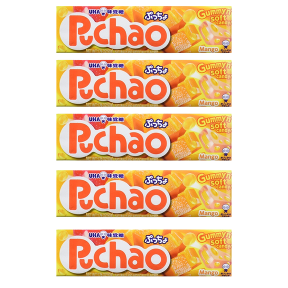 5pk Puchao Mango Chewy Candy, 1.76 oz Each, Japanese Soft Candy with Gummy Fruit Bits, UHA Mikakuto Imported Mango Candy, Total 8.8 oz