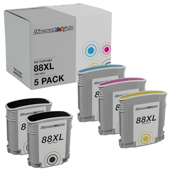 5pk Replacement Cartridges for HP 88 XL Ink (Black, Cyan, Magenta, Yellow) Compatible with HP OfficeJet Pro: K5300, K5400, K5400dn, K5400dtn, K5400tn, K5456z, K550, K550dtn, K550dtwn, K8600