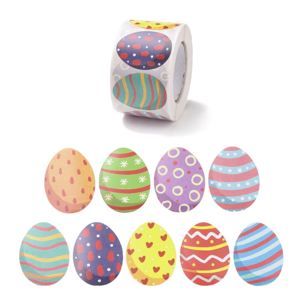 5rolls 9 Patterns Easter Theme Self Adhesive Paper Sticker rolls Egg-Shaped Sticker Labels Gift Tag Stickers Stripe & Wave & Heart Mixed Patterns 38x30x0.1mm 500pcs/roll