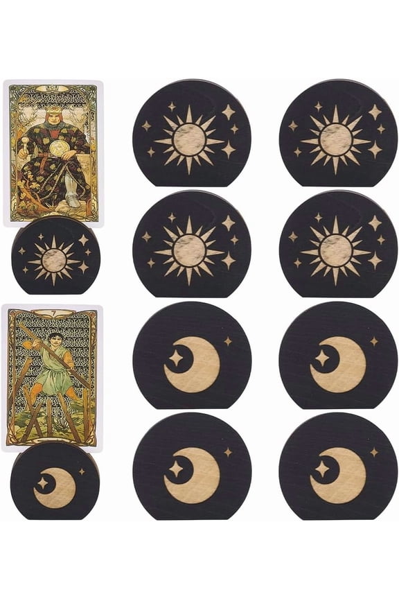5sets 10 Pcs Wooden Tarot Card Holder 1.8x2x0.6Inch Sun Moon Tarot Card Storage Stand Black Tarot Card Stand Witchy Stand for Oracle Lenormand Meditation Pagan Wiccan Decor Gift Supply Black