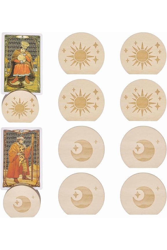 5sets 10Pcs Wood Tarot Card Holder 1.8x2x0.6Inch Sun Moon Tarot Card Storage Stand BurlyWood Tarot Card Stand Witchy Stand for Oracle Lenormand Meditation Pagan Wiccan Decor Gift Supply Brown