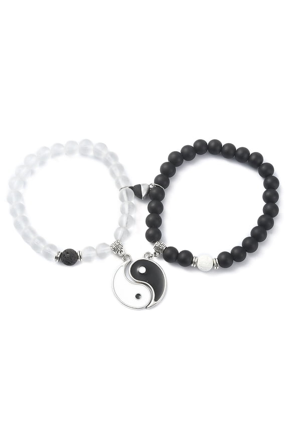 5sets 2pcs 2 style Glass & Round Beaded Stretch Bracelets set Alloy Enamel Yin Yang Match Couple Bracelets with Heart Clasps Mixed color Inner Diameter: 2-1/4~2-3/8 inch(5.6~6cm) 1pc/style