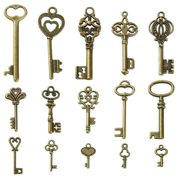 5sets 30pcs 15 style style Alloy Pendants Key & Key Bronze 6.5~53.5x2~17x1~16mm Hole: 1~4mm 2pcs/style