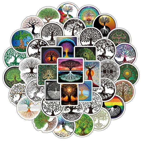5sets 50pcs PVC Picture Stickers Tree of Life Stickers Colorful 45~75mm
