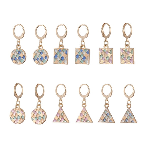 5sets 6 Pairs 6 styles Square & Triangle & Flat Round Alloy Enamel Dangle Leverback Earrings Golden 304 Stainless Steel Jewelry for Women Mixed color 29~31mm Pin: 0.8x1mm 1 Pair/style