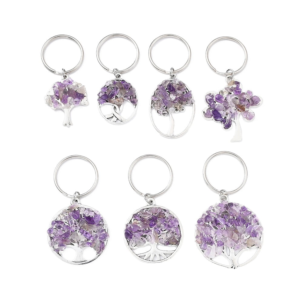 5sets Amethyst Chip & Alloy Tree of Life Keychain with Iron Split Key Rings 5.9~6.8cm