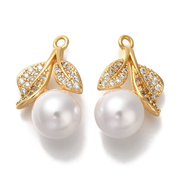 5sets Brass Micro Pave Cubic Zirconia Pendants with ABS Imitation Pearl Cherry golden 22.5x14x10mm Hole: 1.5mm