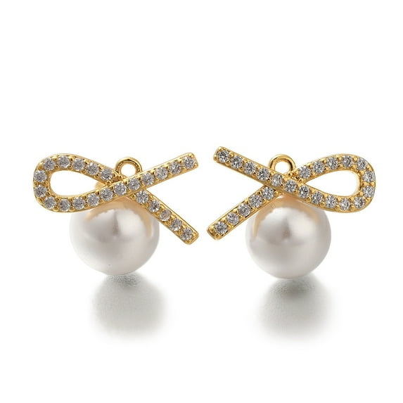 5sets Brass Micro Pave Cubic Zirconia Pendants with Imitation Pearl Awareness Ribbon Real 18K Gold Plated 14x18.5x9.5mm Hole: 1.2mm