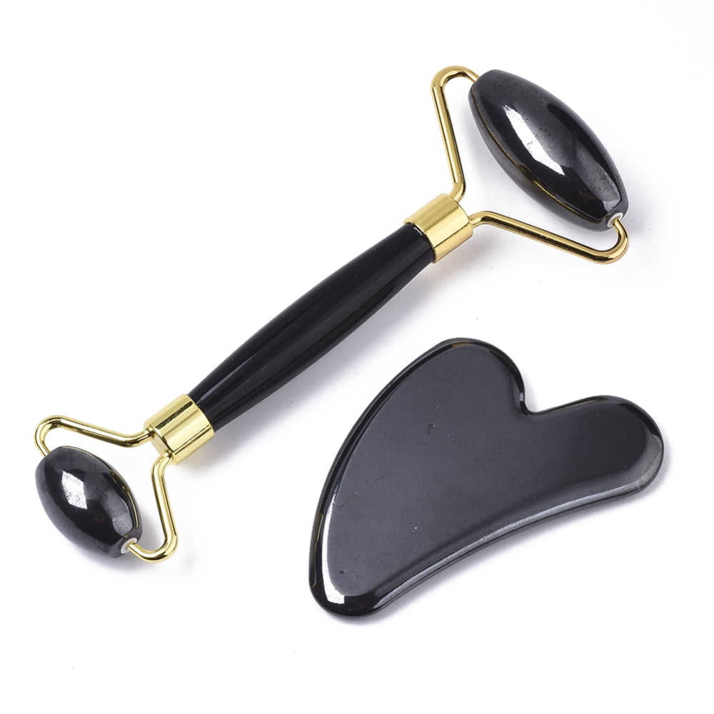 5sets Magnetic Hematite Facial Roller & Heart Shape Gua Sha Facial Beauty Roller Skin Care Tools with Light golden Plated Brass Findings Facial Rollers: 14.6x6.1x 2cm Gua Sha: 8.1~8.4x5.8~6x0.7~0.8mm