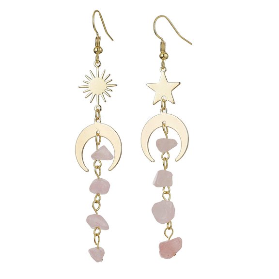 5sets Moon & Sun & Star Brass Asymmetrical Earrings Rose Quartz Chips Tassel Earrings 76~85x18mm