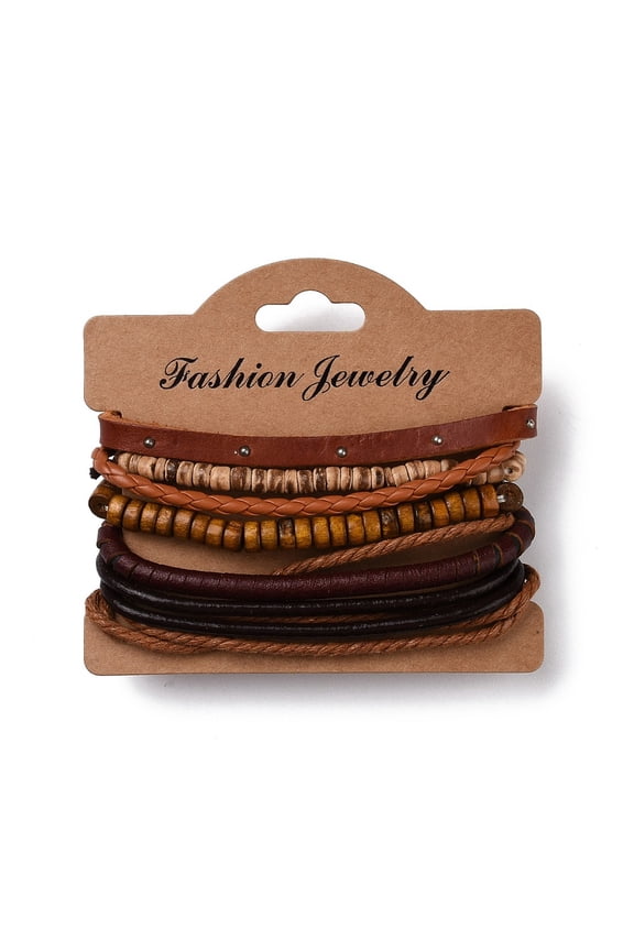 5sets Multi-strand Bracelets Stackable Bracelets with Imitation Leather Waxed Cord Wooden Bead Hemp Rope and Coconut Shell Dark Orange 60mm(2-3/8 inch) 5 strands/set