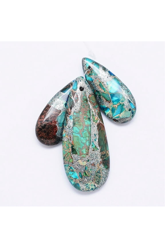 5sets Natural Regalite/Imperial Jasper/Sea Sediment Jasper Pendants with Silver Line Dyed teardrop Blue 34.5~50.5x15~20.5x6.5~7mm Hole: 2mm