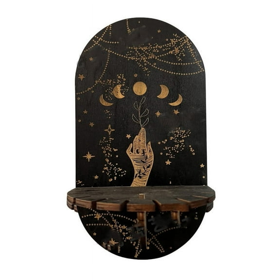 5sets Wooden Wall-Mounted Small Display Shelf Witch Hanging Holder Moon Pattern 21.5x11.6cm