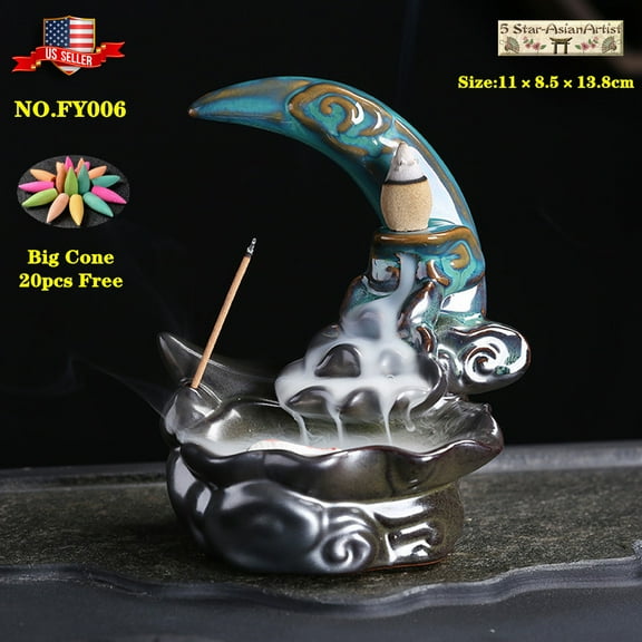 5star-asianartist Ceramic Backflow Incense Burner Holder Home Decor Blue Moon Waterfall & 20pcs Cone Gift