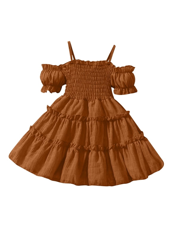 5t Casual Dress Girl Smocked off Shoulder Tiered Swing Dress Short Sleeve Spaghetti Strap Little Girls Clothes, Brown, 3 Years