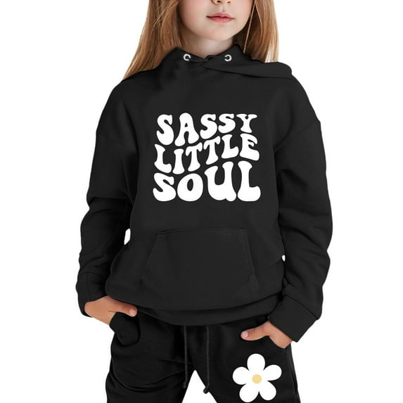 5t Girls Outfits Casual Long Sleeve Cute Print Hoodie Pullover Sweatshirt Tracksuit Jogger Sweatpants Children Fall Coat Kids Black,12-13 Years