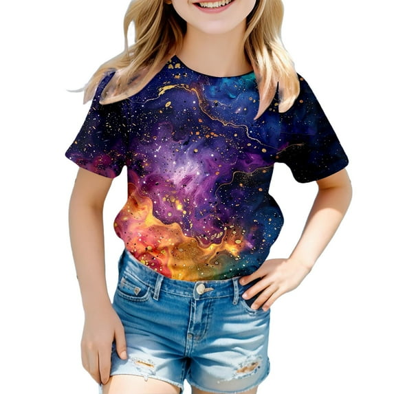 5t Girls Shirts 3D Print Glitter Tops Short Sleeve T Shirts Cute Round Neck Funny Tees Clothes for Girls ,8-9 Years
