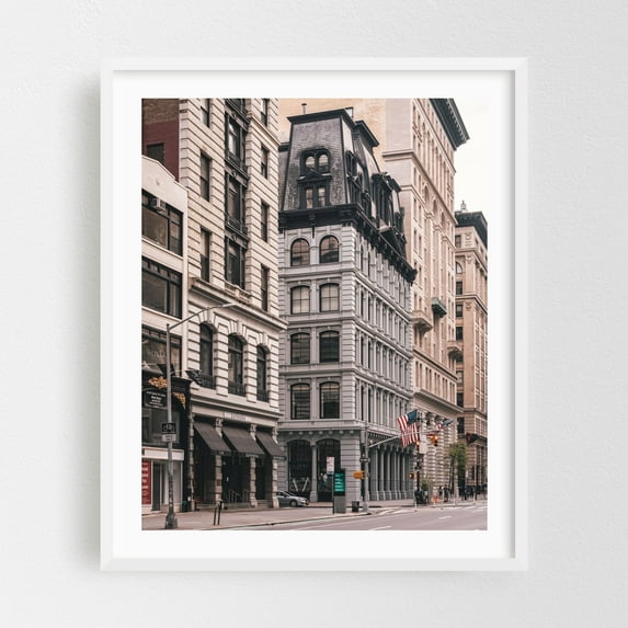 5th & 19th, Flatiron - Manhattan New York Photography Architecture Cityscape Street Photography Vintage City White Framed Wall Art Print 18 x 24 inches