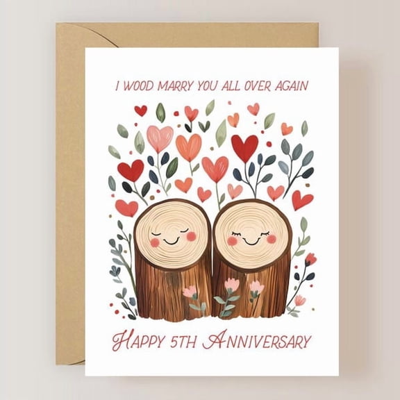 5th Anniversary Card, I Wood Marry You Again Romantic Greeting for Couple, Cute Tree Stump Design with Kraft Envelope, Unique Anniversary Note for Husband or Wife