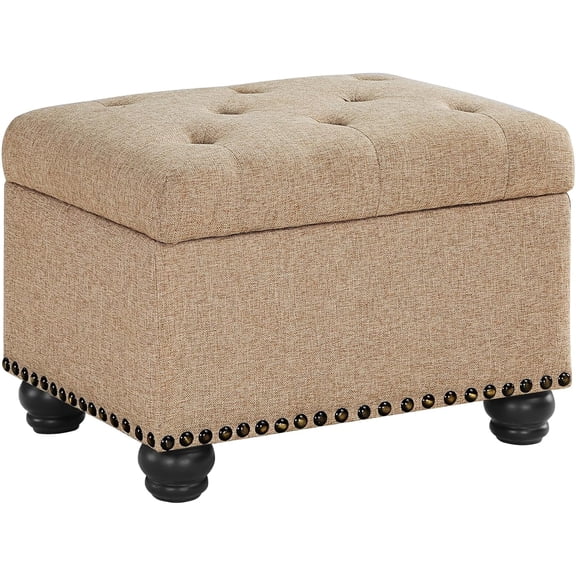 5th Ave 24" Storage Ottoman - Tan Fabric, Hinged Lid, Foot Stool & Seat for Living Room, Office