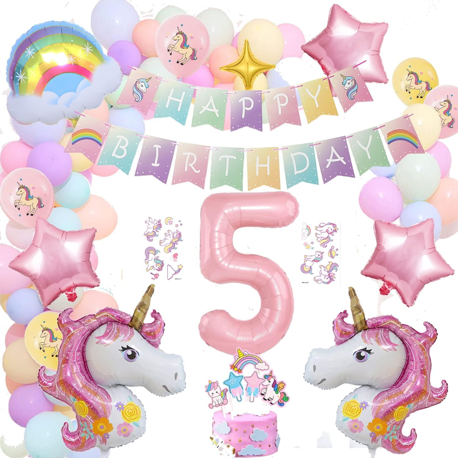 5th Birthday Decoration 43in Unicorn Birthday Balloons for Girls,Pink Unicorn Rainbow Balloon Graland,Unicorn Party Supplies,Happy Birthday Banner,Cake Toppers,Tattoo stickers