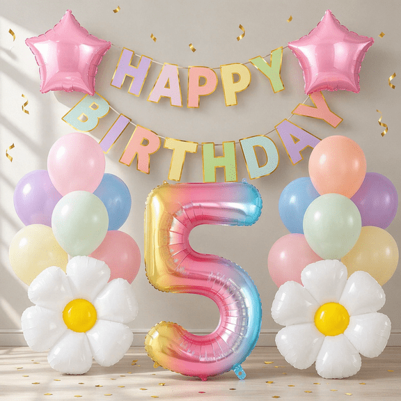 5th Birthday Decorations Girls Party Balloon Decoration Set with 40 Inch Number 5, Rainbow Banner, Pastel Star and Flower Balloons