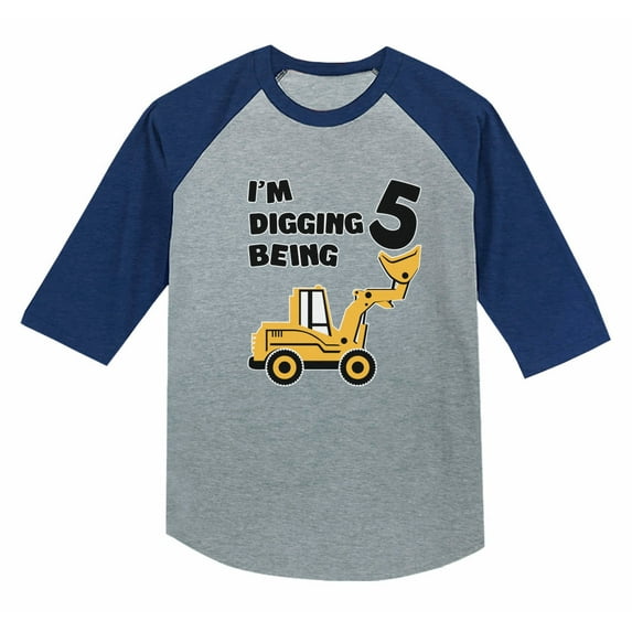 5th Birthday Gift Construction Party 3/4 Sleeve Baseball Jersey Toddler Shirt 5/6 Blue