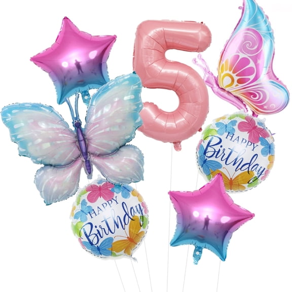 5th Birthday Girl Balloons Pink Butterfly Decoration 7 Piece, 40 inches