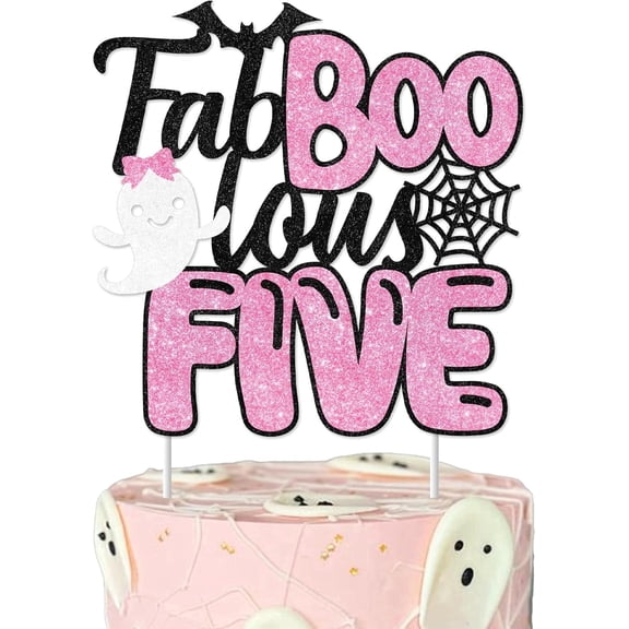 5th Birthday Glitter Cake Topper, Halloween Five Years Old Birthday Cake Decorations for Girl Pink, Halloween Party Favors Decor Supplies Backdrop