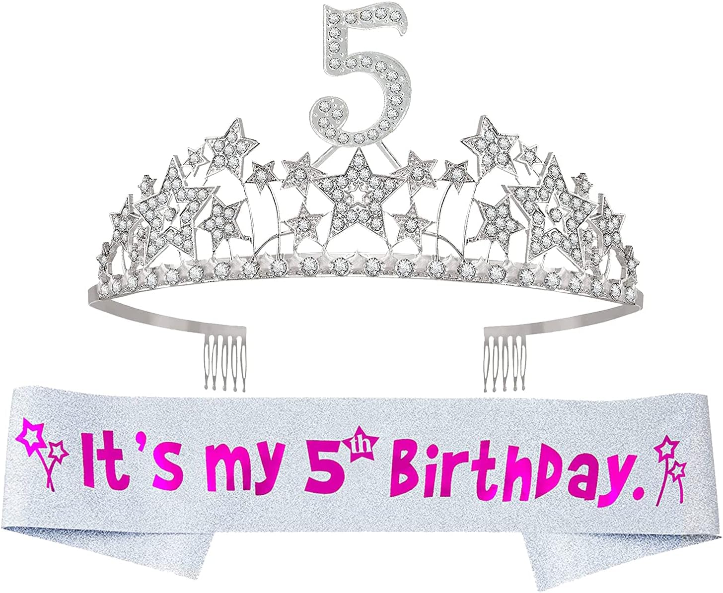 5th Birthday Glitter Sash & Silver Starry Sky Tiara Set for 