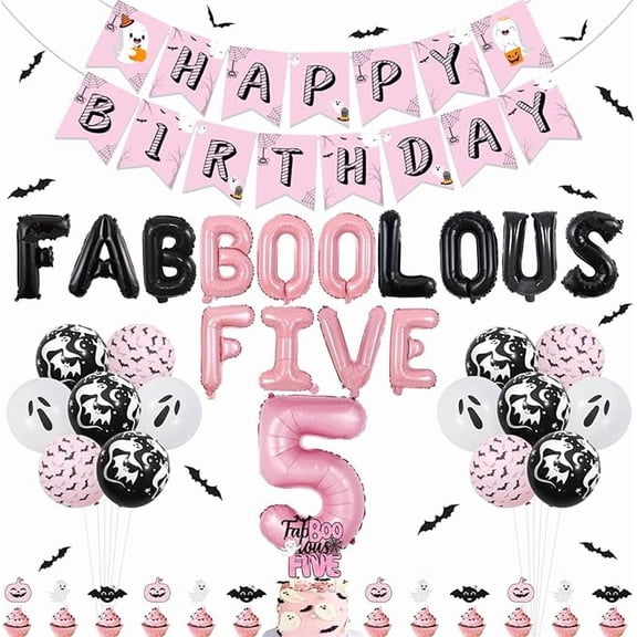 5th Birthday Halloween Decorations Girl Fabboolous Five Foil Balloons Cake Cupcake Toppers 3D Wall Stickers Ghost Print Balloons Banner for Pink Halloween Happy Birthday Party